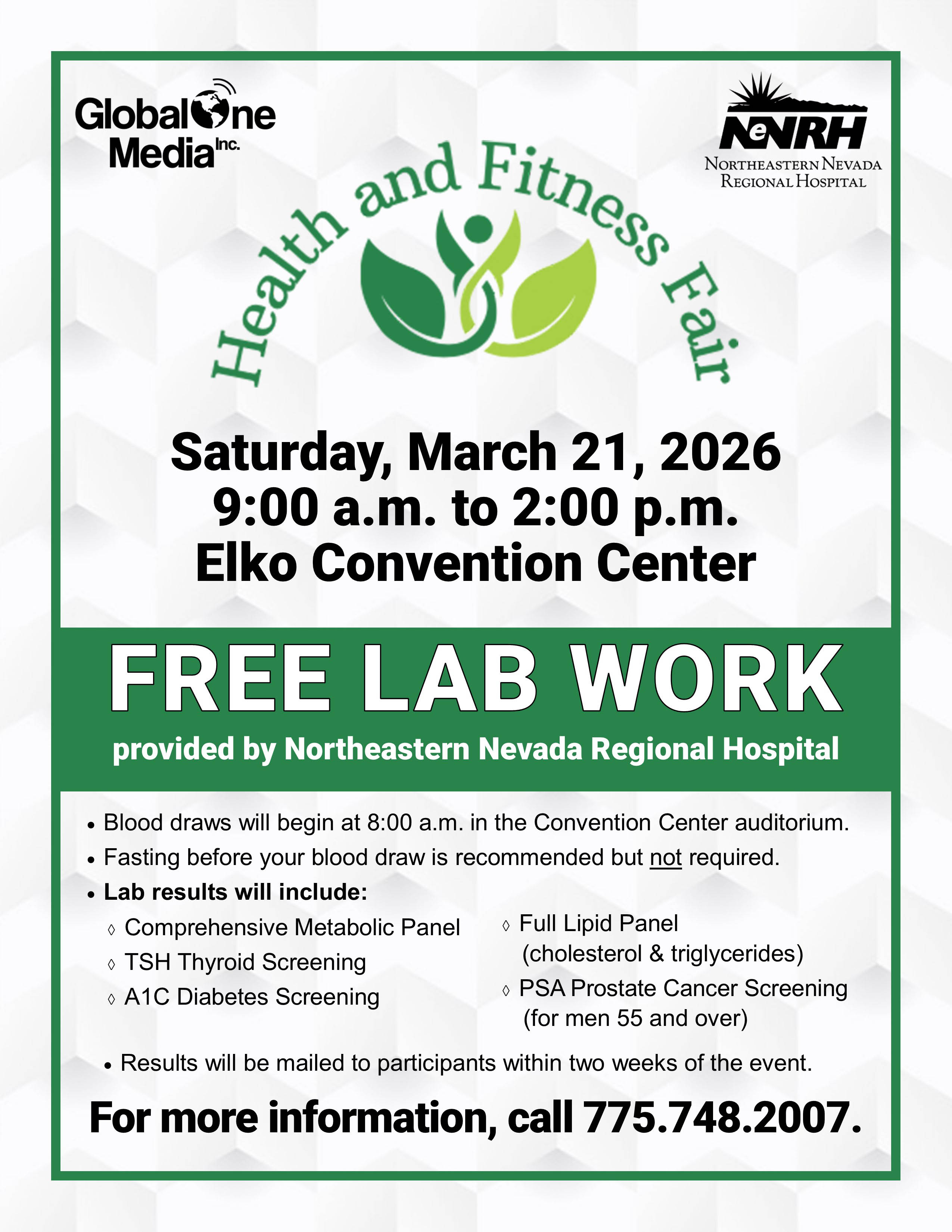Northeastern Nevada Regional Hospital will provide free lab work at the annual Health & Fitness Fair, to be held on Saturday, March 21st, at the Elko Convention Center.