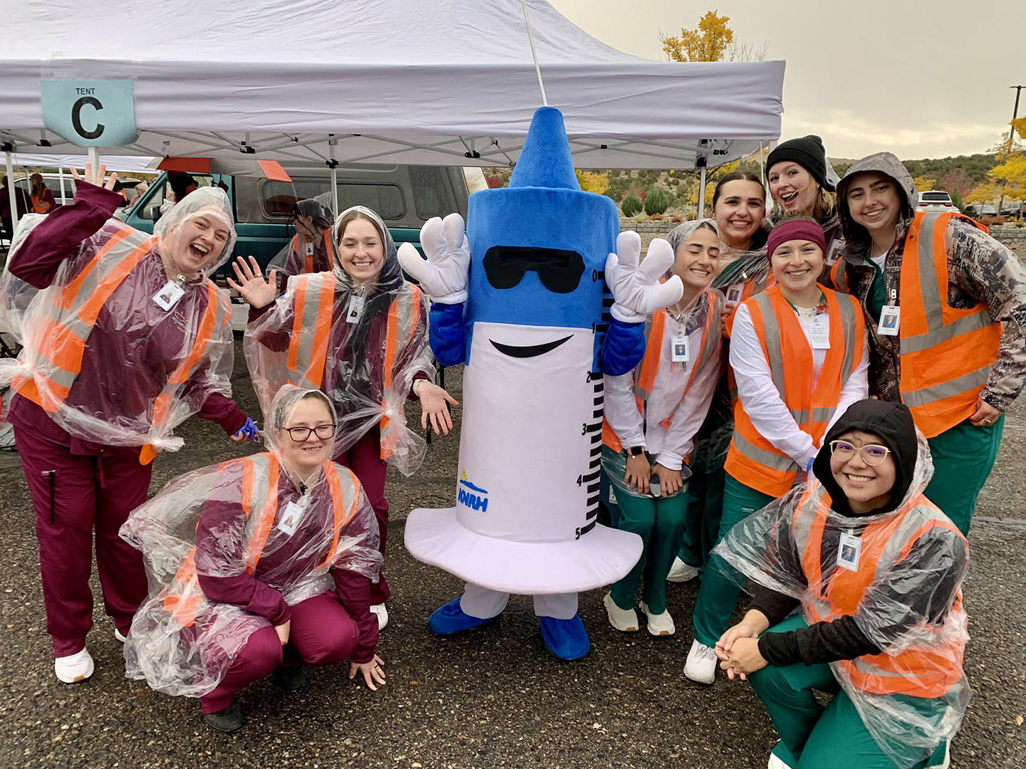 Ned the Needle & Student Nurses Student nurses from Great Basin College pose with Ned the NNRH Needle at the 2025 Drive-Thru Flu Shot Clinic