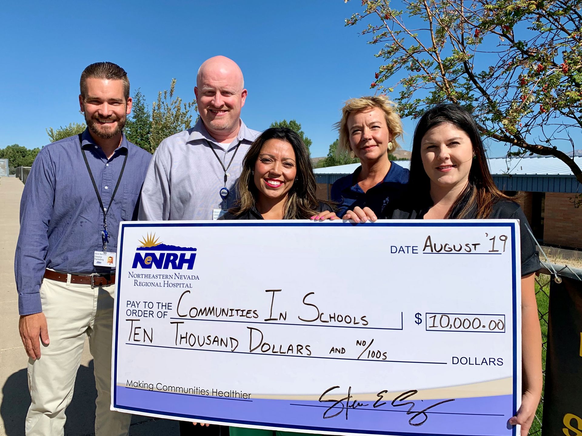 Staff from both Northeastern Nevada Regional Hospital and Communities In Schools celebrate the hospital’s recent donation. Pictured from left: Steve Burrows, Steve Simpson, Sarah Goicoechea, Trisha Webb and Leslie Goicoechea.