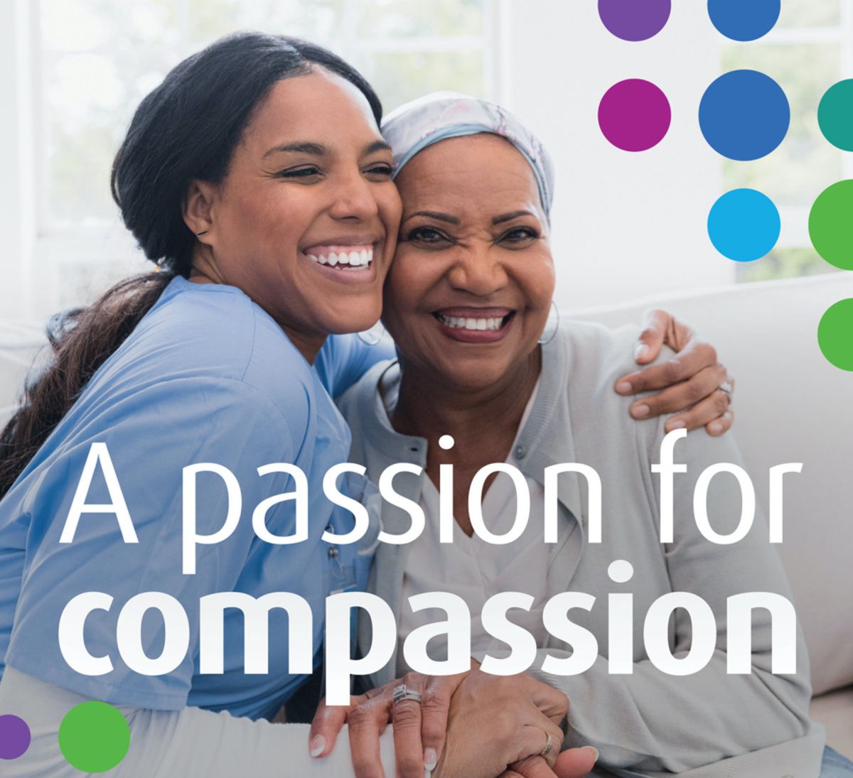 A passion for compassion graphic with African American medical professional hugging patient